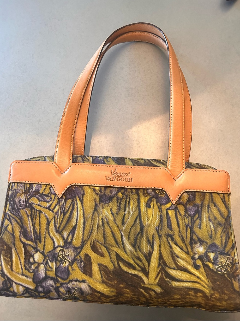 Vincent Van Gogh Yellow Iris Print Shoulder Bag with Tan Trim